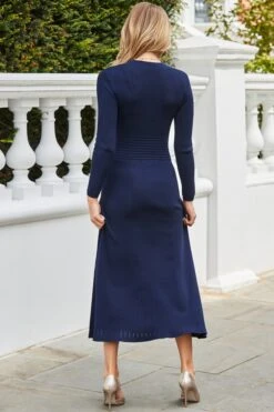 Navy Blue Knitted Button Detail Fit & Flare Midaxi Dress -Sosandar Fashion Store web 2407 07 a24dk175be0003 07 222 1