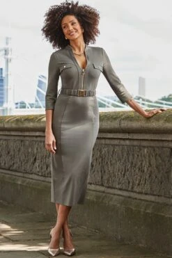 Khaki Green Ponte Belted Midi Dress