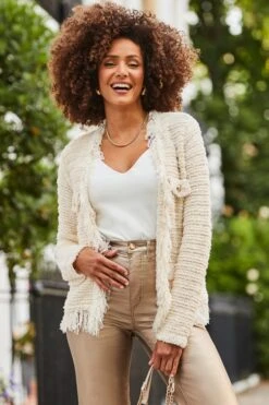 Cream Fringe Trim Boucle Cardigan