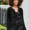Black Fluffy Knit Cardigan With Luxe Gold Buttons