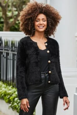 Black Fluffy Knit Cardigan With Luxe Gold Buttons