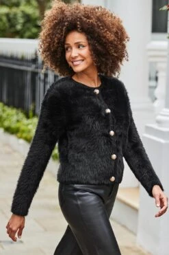 Black Fluffy Knit Cardigan With Luxe Gold Buttons -Sosandar Fashion Store web 2407 48 a24tk204bk0001 48 208