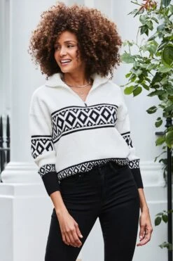 Ivory Patterned Quarter Zip Jumper 16 Ivory Patterned Quarter Zip Jumper -Sosandar Fashion Store web 2407 58 a24tk209nl0001 58 170