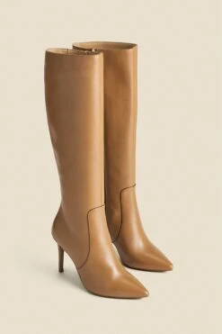 Tan Leather Stiletto Knee High Boots