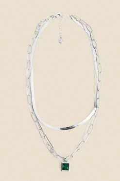 Silver Triple Layer Green Stone Necklace