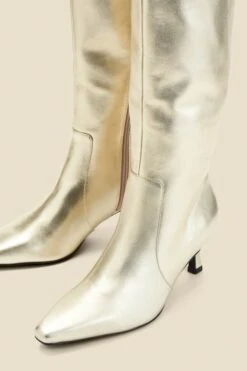Gold Knee High Low Heel Boots -Sosandar Fashion Store web 2407 box a24fw022mc0003 3