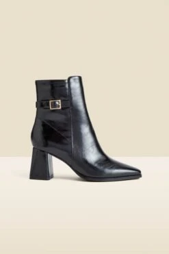 Black Block Heel Ankle Boots With Buckle Trim