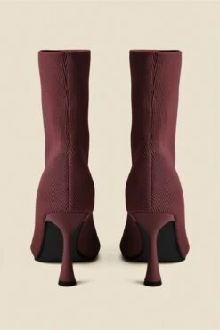 Burgundy Flared Heel Sock Boots -Sosandar Fashion Store web 2407 box a24fw057be0040 4 rc