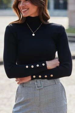 Black Roll Neck Jumper With Gold Button Detail -Sosandar Fashion Store web 2408 111 a24bw013bkwe01 a24tk255bk0001 111 155