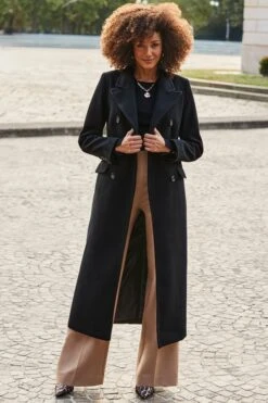 Black Double Breasted Hourglass Longline Coat