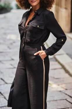 Black & Camel Side Stripe Button Front Jumpsuit 14 Black & Camel Side Stripe Button Front Jumpsuit -Sosandar Fashion Store web 2408 129 a24jw005bk0001 129 056