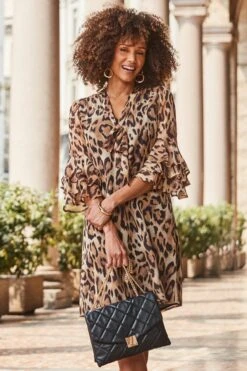 Leopard Print Frill Sleeve Tie Neck Detail Shift Dress