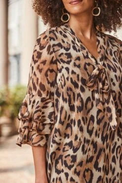 Leopard Print Frill Sleeve Tie Neck Detail Shift Dress 12 Leopard Print Frill Sleeve Tie Neck Detail Shift Dress -Sosandar Fashion Store web 2408 131 a24dw101bran01 131 150