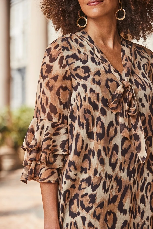 Leopard Print Frill Sleeve Tie Neck Detail Shift Dress 7 Leopard Print Frill Sleeve Tie Neck Detail Shift Dress - Image 5