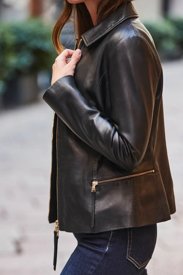 Black Zip Detail Collared Leather Jacket 8 Black Zip Detail Collared Leather Jacket - Image 6