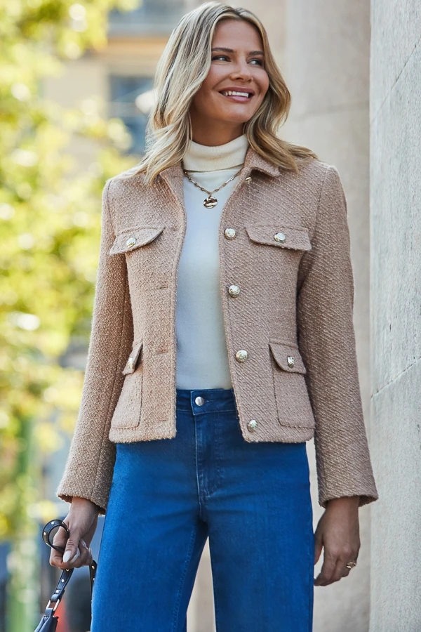 Camel Boucle Jacket With Gold Buttons 3 Camel Boucle Jacket With Gold Buttons