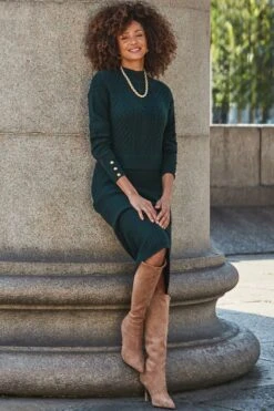 Forest Green Two Part Cable Knit Midi Dress -Sosandar Fashion Store web 2408 172 a24dk172gn0024 172 077
