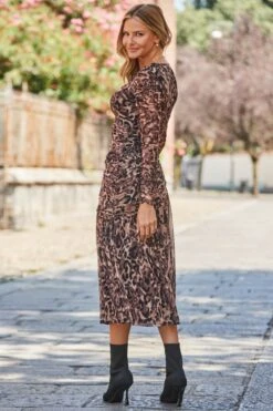 Animal Print Mesh Ruched Waist Fit & Flare Dress -Sosandar Fashion Store web 2408 184 a24dj005nean01 184 121