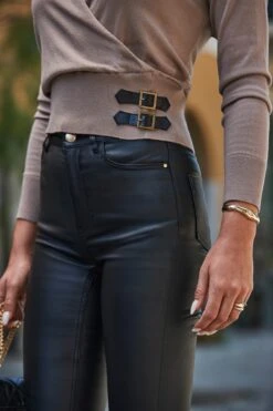 Taupe Buckle Detail Wrap Front Jumper -Sosandar Fashion Store web 2408 191 a24tk908bn0003 191 215