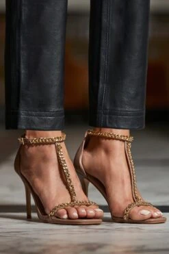 Taupe Chain Detail Square Toe Stiletto Heel Sandals