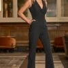 Black Luxury Sparkling Stud Kick Flare Jumpsuit
