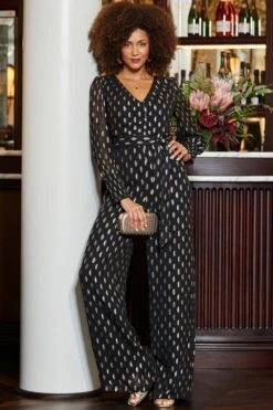 Black & Gold Spot Print Wide Leg Jumpsuit