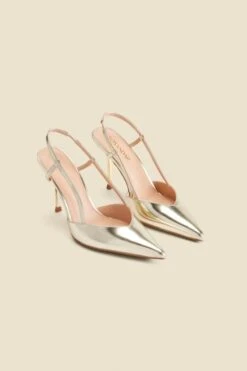 Gold Flared Heel Slingback Court Shoes -Sosandar Fashion Store web 2409 box a24fw011mc0003 01