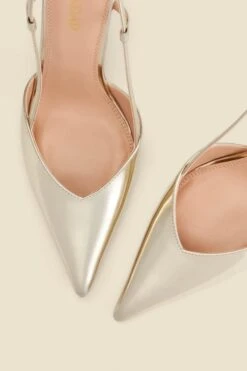 Gold Flared Heel Slingback Court Shoes -Sosandar Fashion Store web 2409 box a24fw011mc0003 04