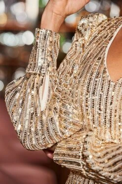 Gold Sequin Balloon Sleeve Pencil Dress -Sosandar Fashion Store web 2410 01 a24dw108mc0003 01 105