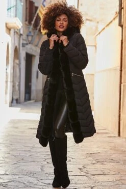 Black Faux Fur Edge Detail Padded Coat