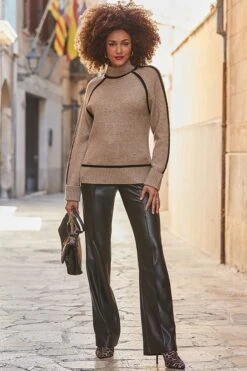 Taupe & Black Contrast High Neck Jumper -Sosandar Fashion Store web 2410 40 a24tk164bn0003 s23bp006bk0001 40 005