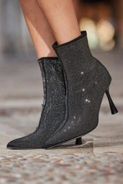 Black Sparkle Flared Heel Sock Boot 13 Black Sparkle Flared Heel Sock Boot -Sosandar Fashion Store web 2410 a24fw056bk0001 847