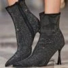 Black Sparkle Flared Heel Sock Boot