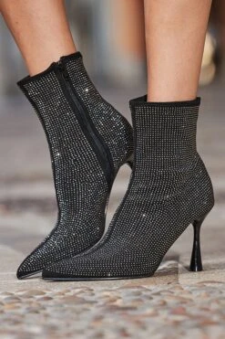 Black Sparkle Flared Heel Sock Boot