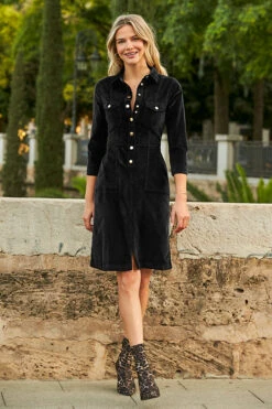 Black Luxe Velvet Popper Front Dress