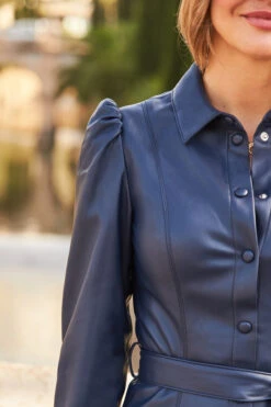 Navy Blue Faux Leather Belted Shirt Dress 8 Navy Blue Faux Leather Belted Shirt Dress -Sosandar Fashion Store web 24 a22dp001pt0009 152