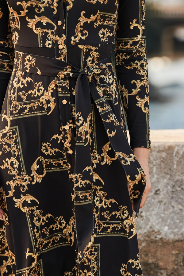 Black & Gold Baroque Print Midi Shirt Jersey Dress 6 Black & Gold Baroque Print Midi Shirt Jersey Dress - Image 4