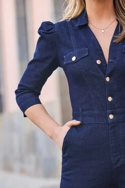 Dark Indigo Puff Sleeve Kick Flare Denim Jumpsuit -Sosandar Fashion Store web 2501 07 s24jd001bkbe01 07 090