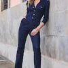 Dark Indigo Puff Sleeve Kick Flare Denim Jumpsuit