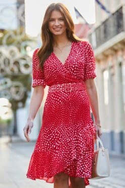 Coral Spot Print Ruffle Hem Wrap Dress 10 Coral Spot Print Ruffle Hem Wrap Dress -Sosandar Fashion Store web 2501 08 dydrw039rdsp01 08 050 rt