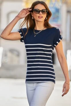 Navy Blue Striped T-Shirt With Button Detail -Sosandar Fashion Store web 2501 12 dytoj019nast01 12 045