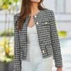 Black & White Houndstooth Print Collarless Jacket