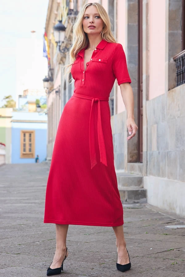 Red Premium Ribbed Polo Collar Midi Dress 4 Red Premium Ribbed Polo Collar Midi Dress - Image 2