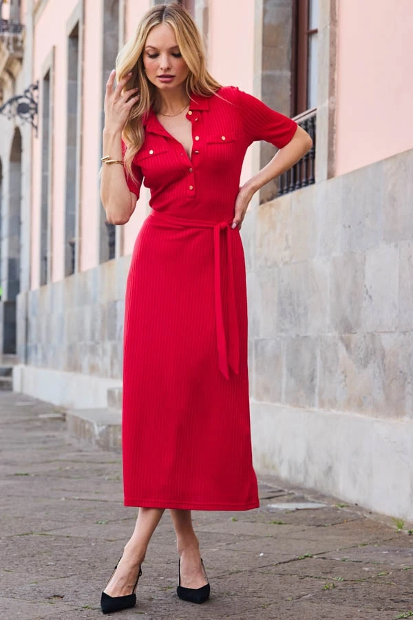 Red Premium Ribbed Polo Collar Midi Dress 7 Red Premium Ribbed Polo Collar Midi Dress - Image 5