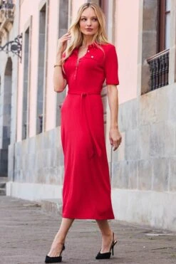 Red Premium Ribbed Polo Collar Midi Dress