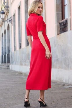 Red Premium Ribbed Polo Collar Midi Dress 10 Red Premium Ribbed Polo Collar Midi Dress -Sosandar Fashion Store web 2501 23 dydrj005rd0001 23 153