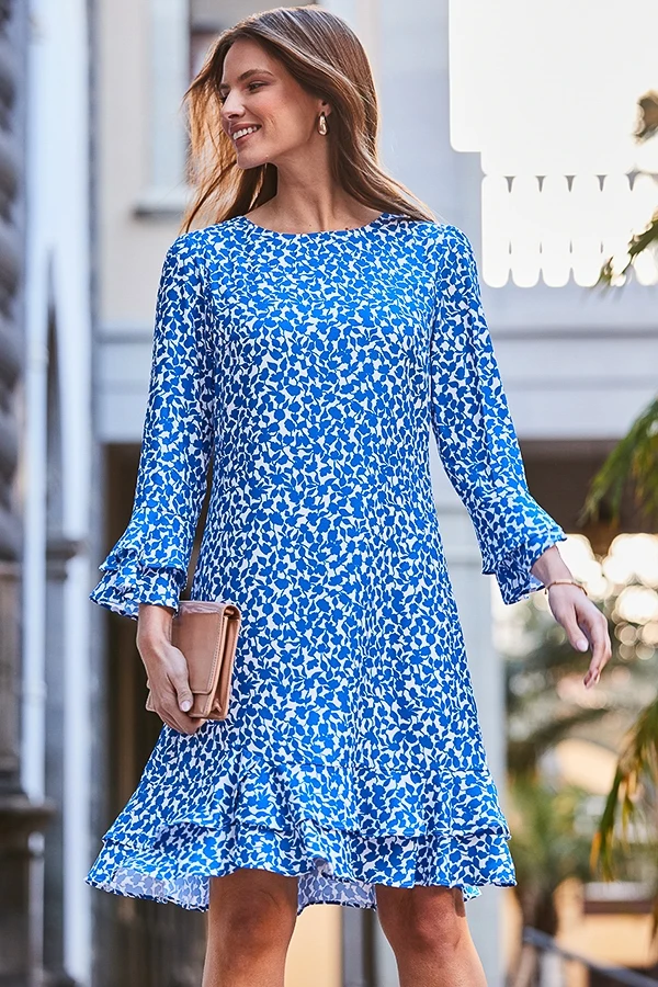 Blue Ditsy Floral Print Ruffle Hem Shift Dress 4 Blue Ditsy Floral Print Ruffle Hem Shift Dress - Image 2