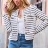 Ivory & Navy Stripe Boucle Jacket 1 Ivory & Navy Stripe Boucle Jacket -Sosandar Fashion Store web 2501 30 s25ow004iv0001 s24bd013be0007 30 091 rt2