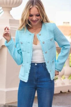 Aqua Blue Boucle Jacket With Embellished Buttons -Sosandar Fashion Store web 2501 31 s25ow002be0007 31 074 rt