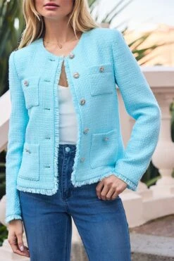 Aqua Blue Boucle Jacket With Embellished Buttons -Sosandar Fashion Store web 2501 31 s25ow002be0007 31 105 rt